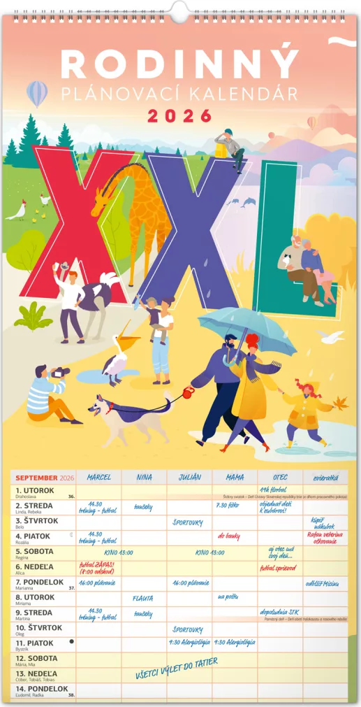 NOTIQUE Nástenný kalendár Rodinný plánovací XXL 2026, 33 x 64 cm